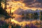 Tranquil mountain lake in spring with flowers at sunrise or sunset. (AI Generated) Art Print